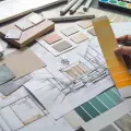 Interior design drawings with material and colour samples