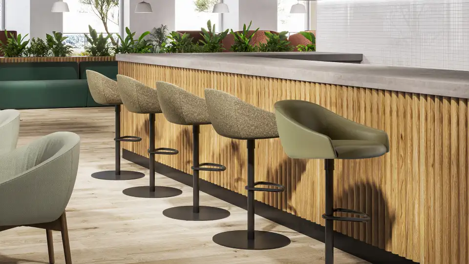 Timber-clad bar counter with upholstered bar stools