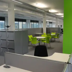 Office desks, lockers and breakout seating at Corsham CDP